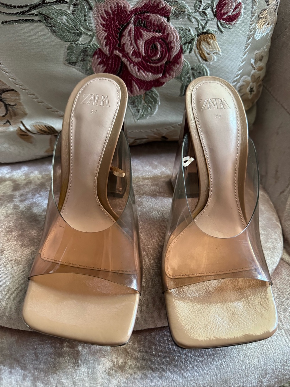 Zara Nude Clear PVC Strap Square Toe Block Heel Mules